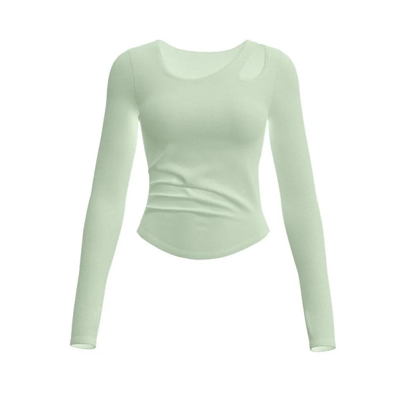 Front view of 4Sassy FlowFlex Top in sage green – slim-fit long-sleeve activewear for yoga and training.